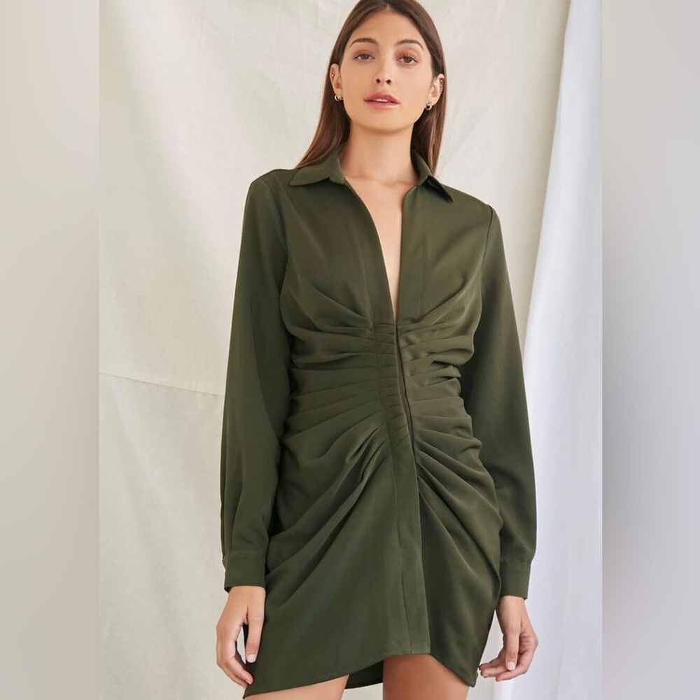 FOREVER 21 OLIVE RUCHED SHIRT MINI DRESS sz L